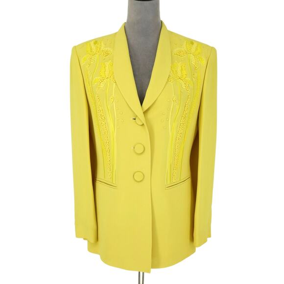 Louis Feraud Jacket Womens 8 Yellow Twill Lined Embroidery Detail Blazer Vintage - Picture 1 of 16
